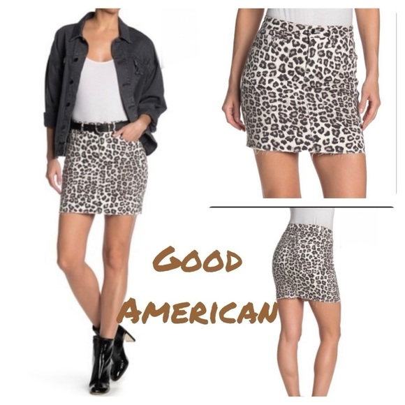 Good American Leopard Print Raw Edge Mini Skirt. Animal print, fun, flirty - Picture 1 of 13